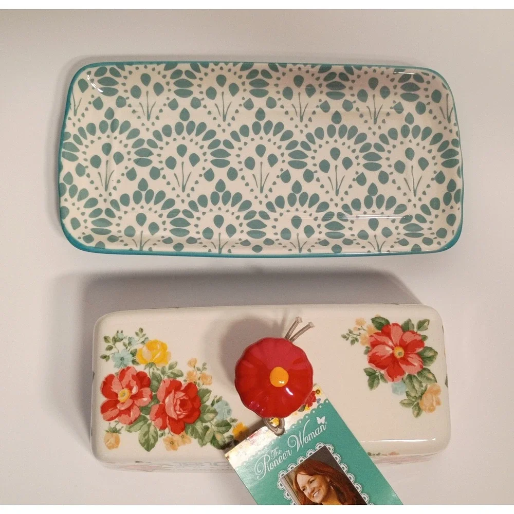 The Pioneer Woman Teal Vintage Floral Butter Dish, New With Tags